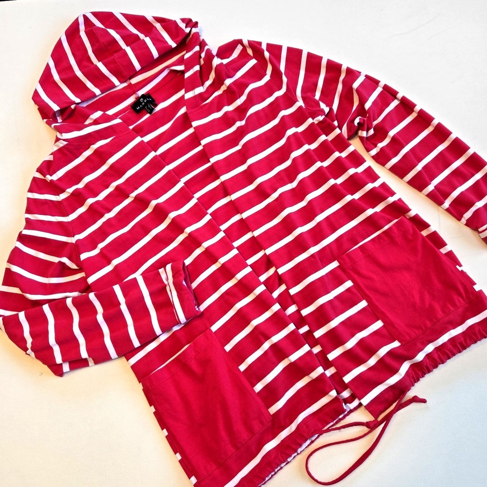 Marble Red Striped Open Front Hooded Cardigan Womens Size Small